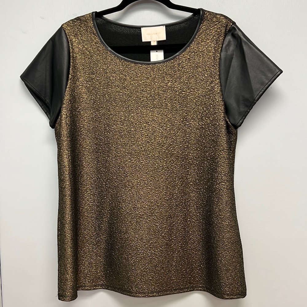 NWT Skies Are Blue Hepburn Faux Leather Sleeve Shimmer Knit Top | Gold & Black